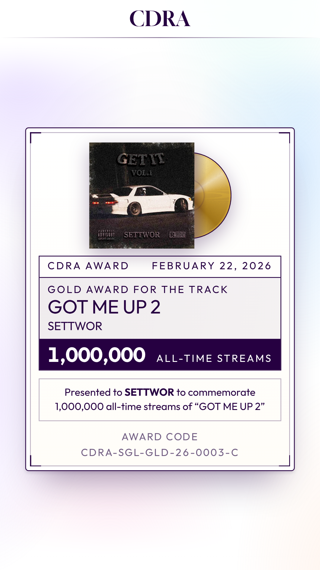CDRA award: GOT ME UP 2 by SETTWOR reached 1,000,000 all-time streams. Self-awarded by SETTWOR, not an official certification.