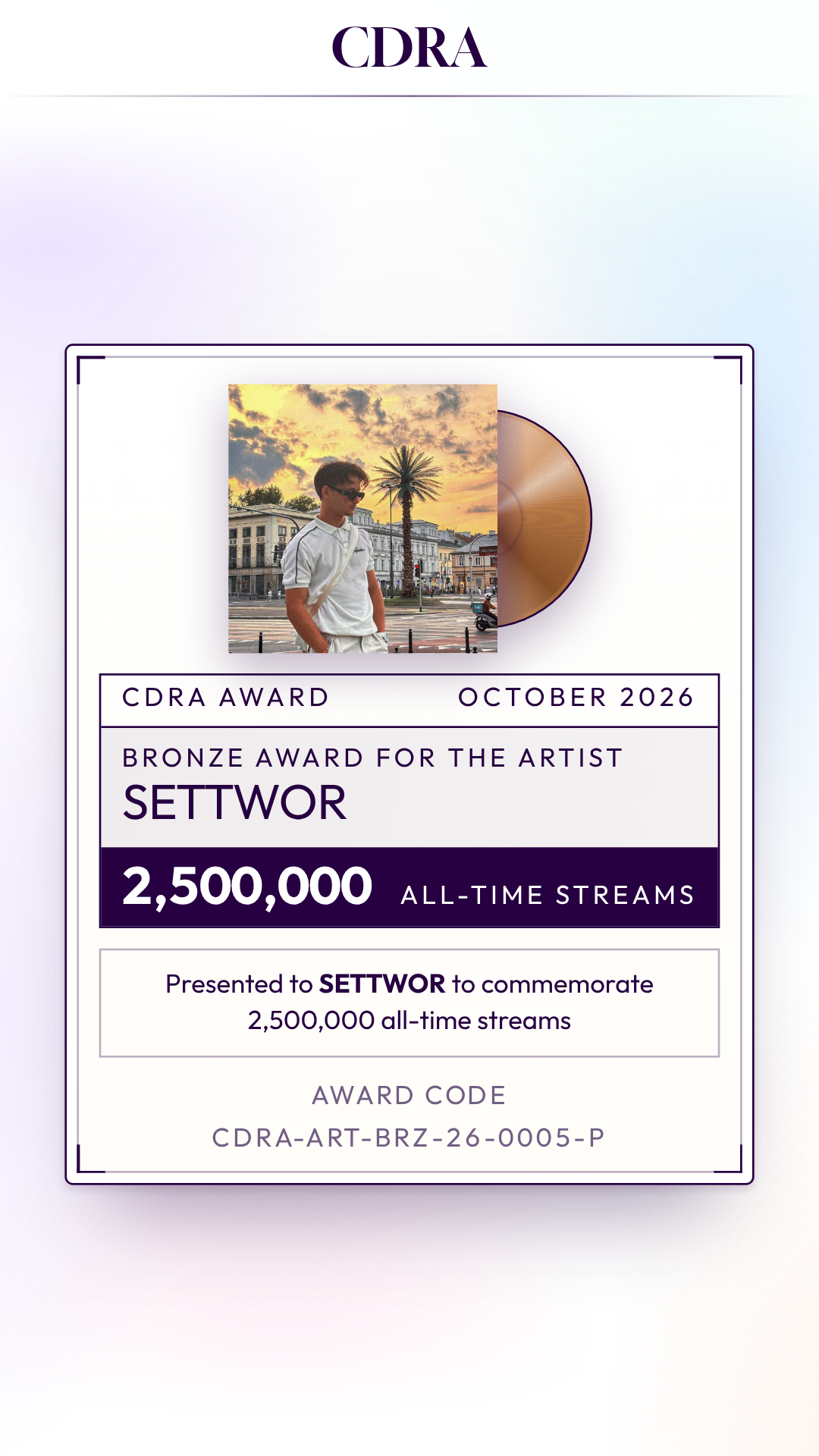 CDRA award: SETTWOR reached 2,500,000 all-time streams. Self-awarded by SETTWOR, not an official certification.